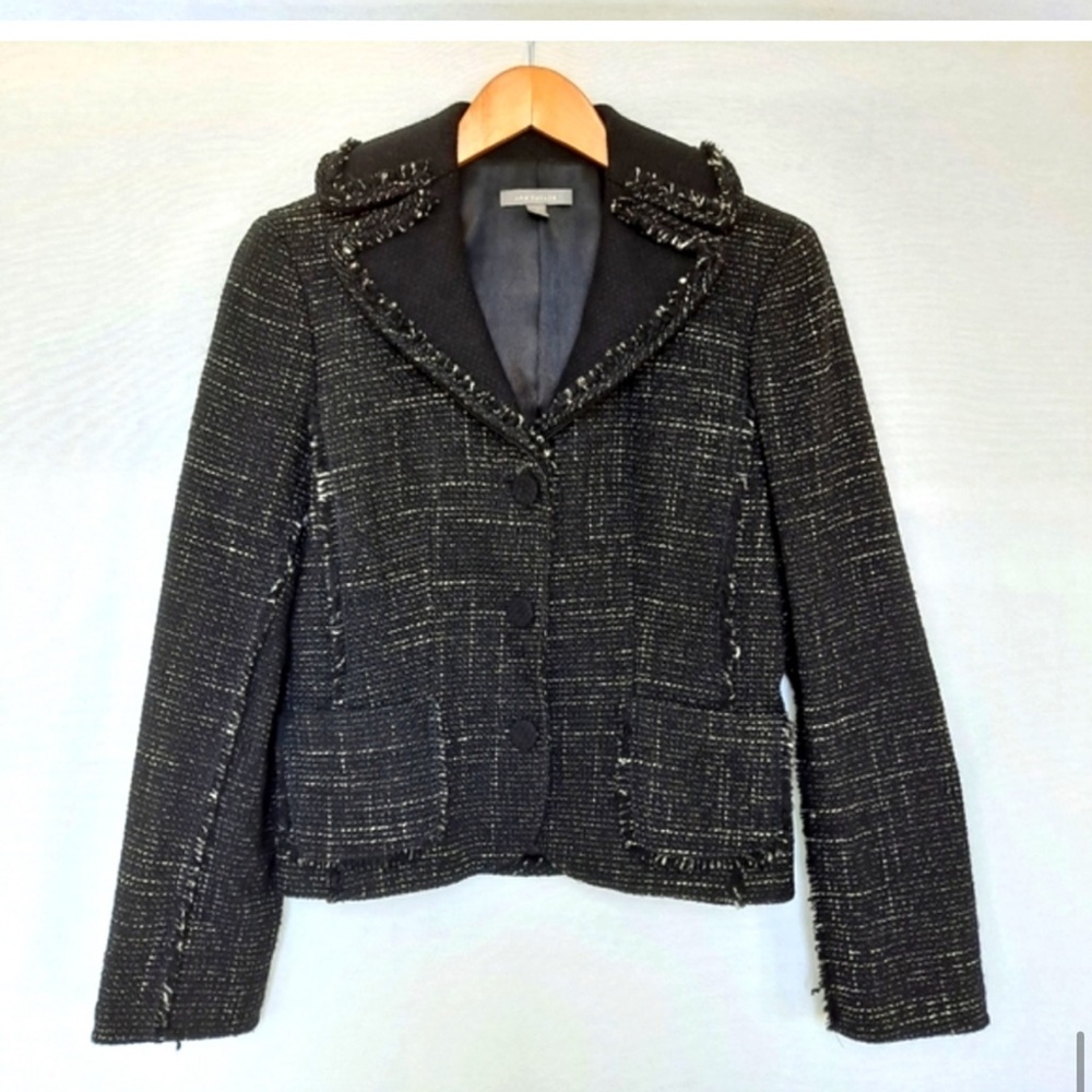 Ann Taylor Black Tweed Wool Blend Fringe Trim Cropped Blazer Jacket sz 4